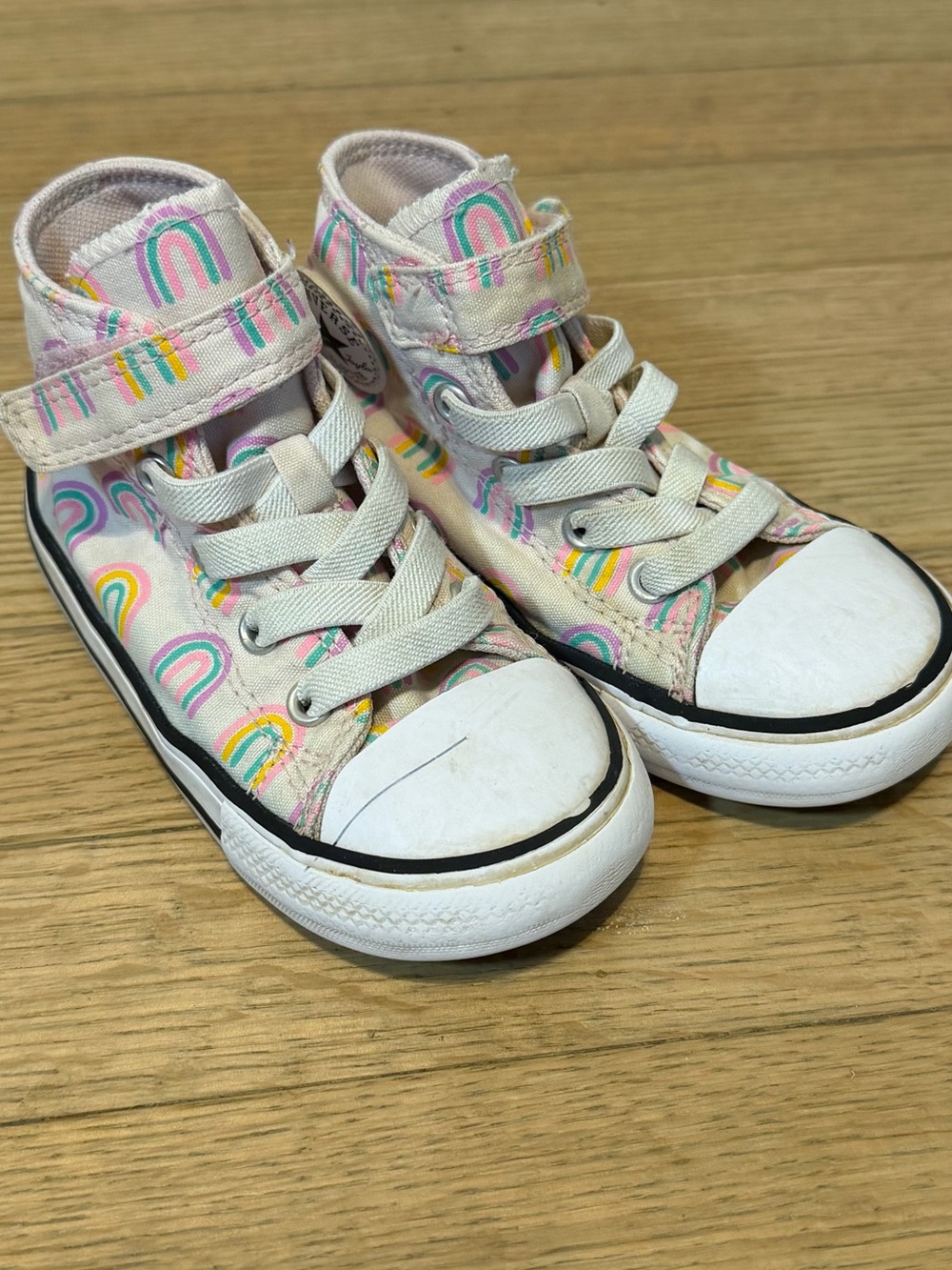 Kids Pink Rainbow Print High-Top Sneakers with Hook-and-Loop Strap